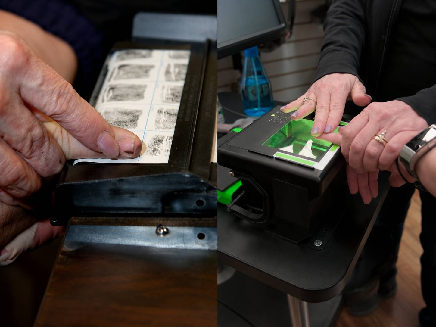 Law enforcement officer taking fingerprints on an FBI FD-258 ink card