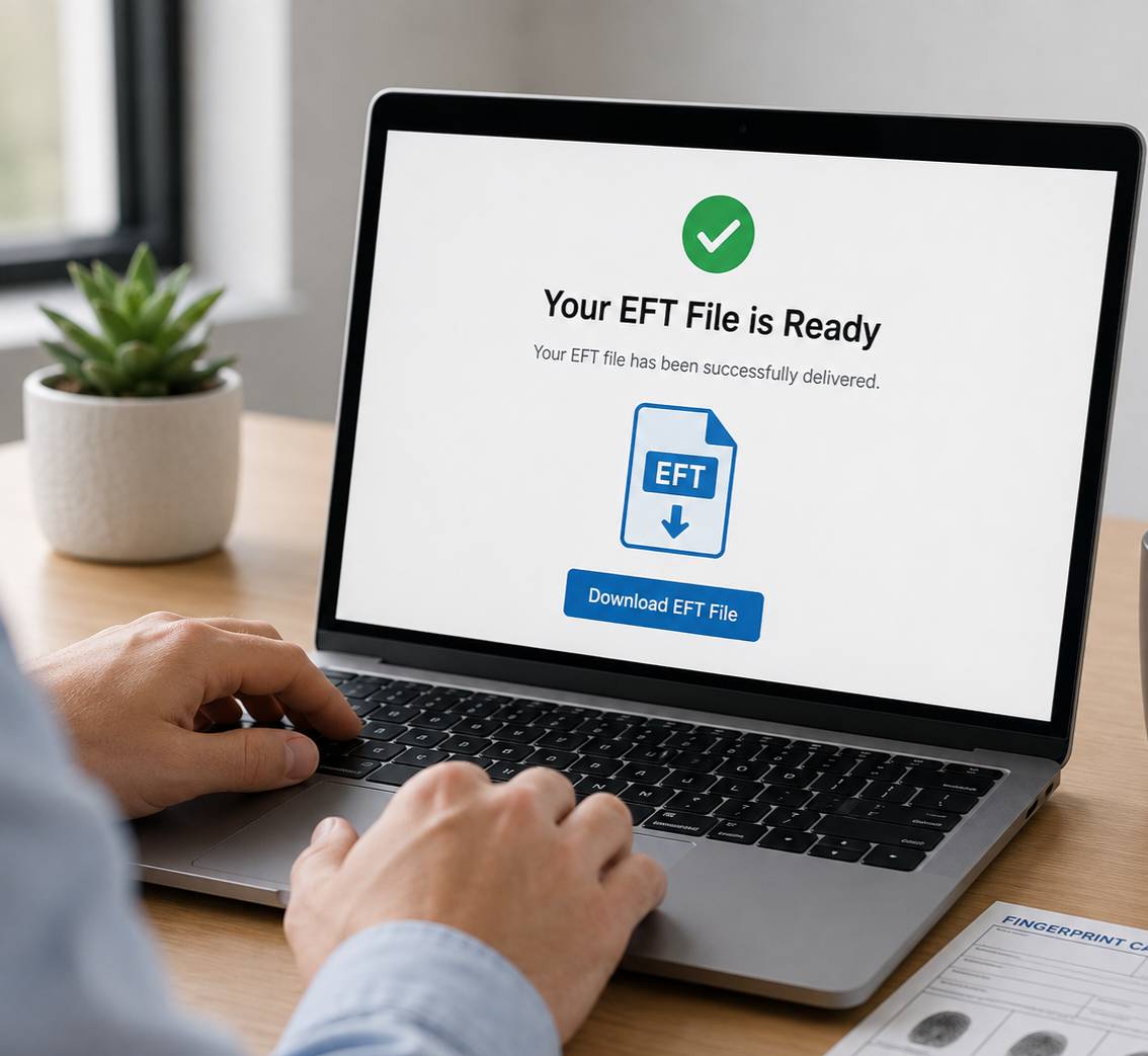 Laptop screen displaying secure digital EFT file download dashboard
