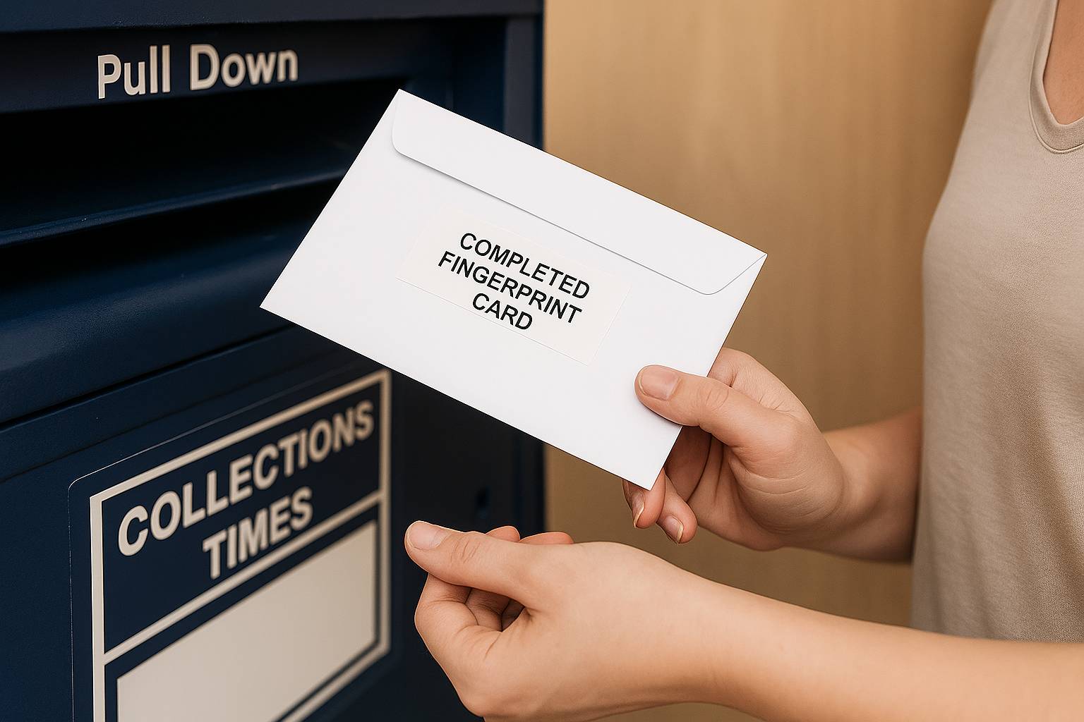 Prepared rigid envelope containing completed fingerprint cards ready for mail