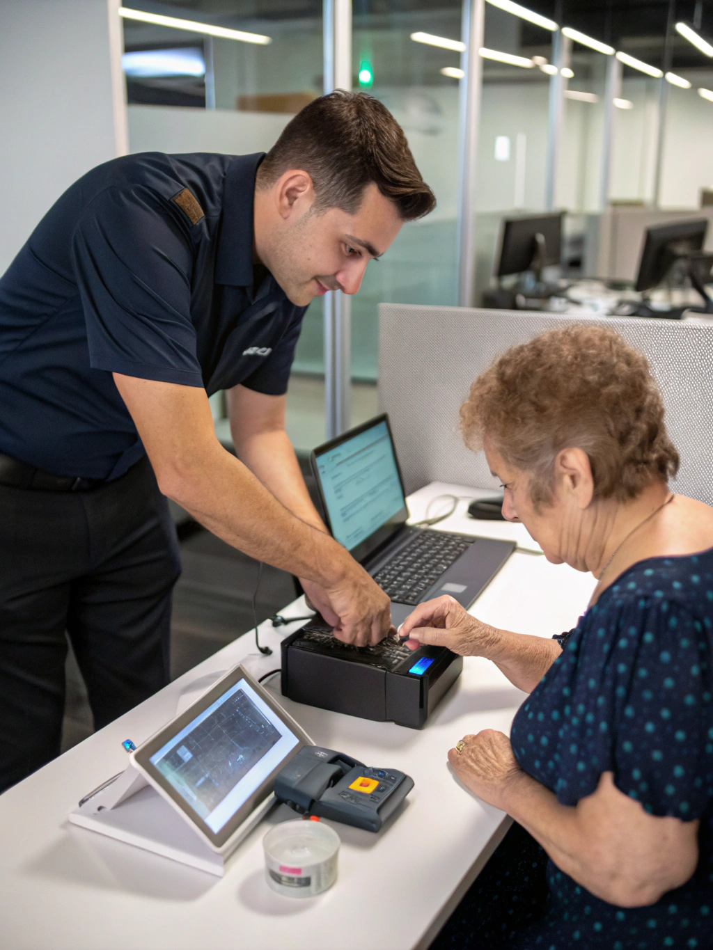 Professional technician inspecting FBI standard FD-258 fingerprint card on desk